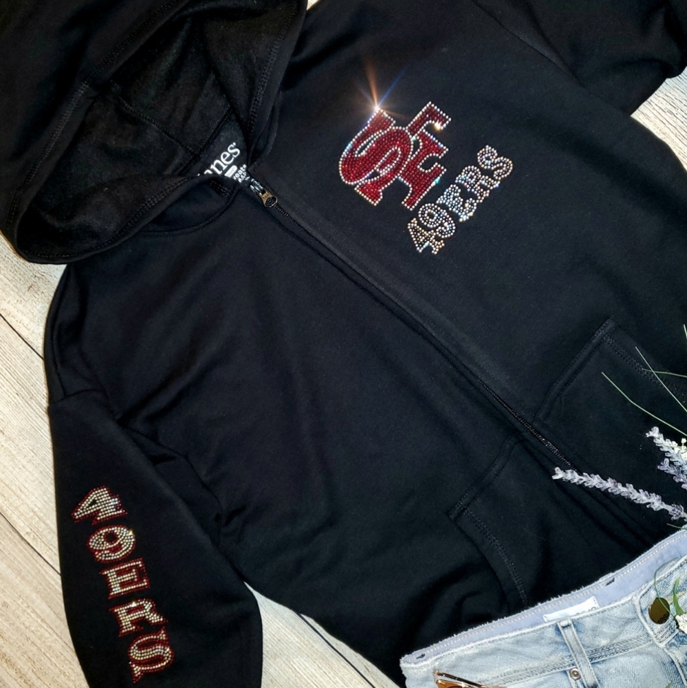 New San Francisco 49ers Rhinestone Zip Up Hoodie Unisex S thru XL - Picture 2 of 7